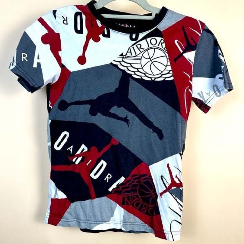 Air Jordan Kid’s M 10-12yrs, colorblock collage t-shirt, red white grey black
